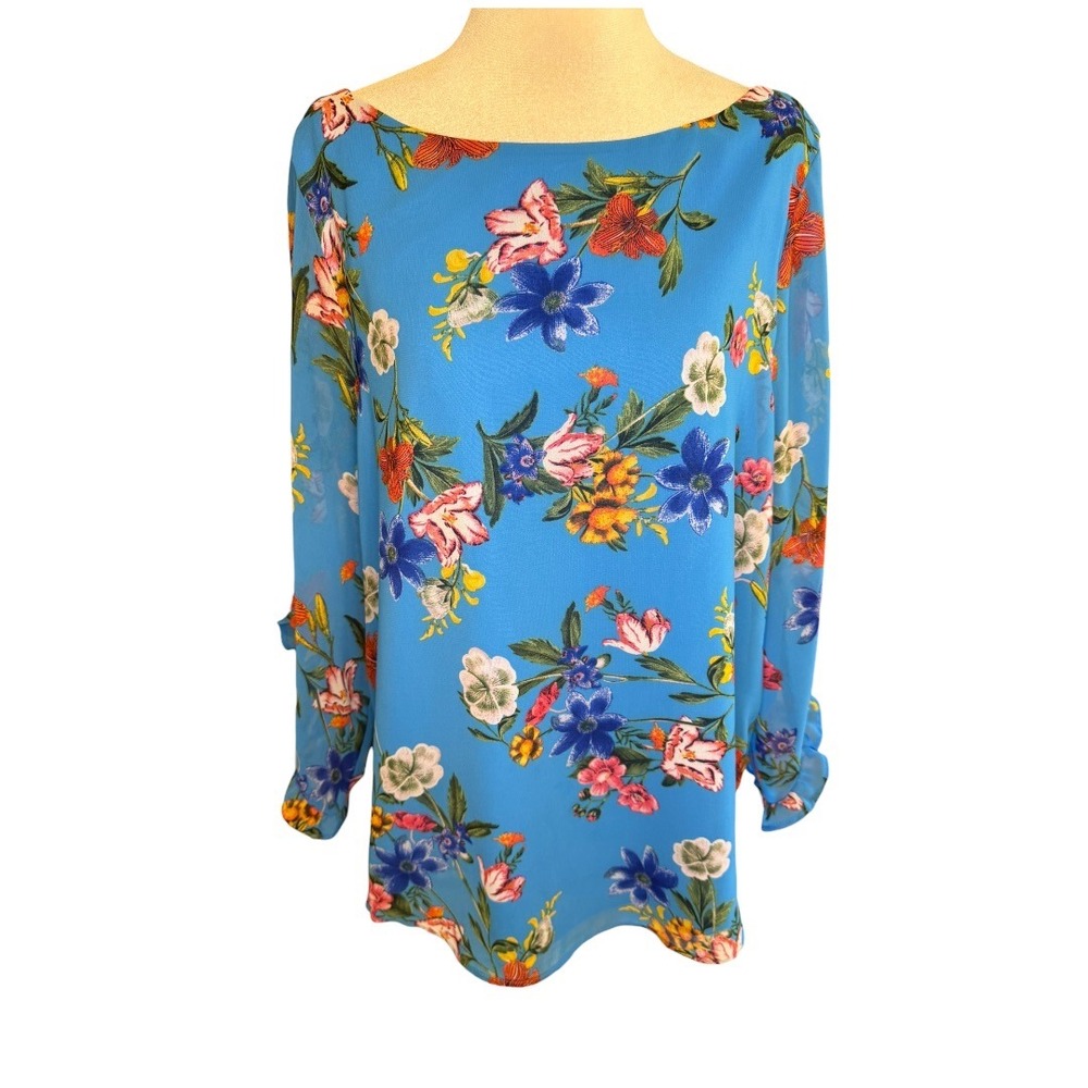Calvin Klein Women's Blue Floral Boat Neck Ruffle Cuff Blouse‎ Medium